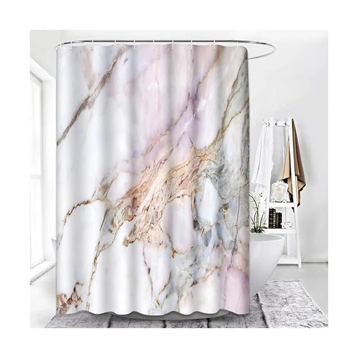 ArtSocket Cortina de ducha rosa y blanco patrón de mármol