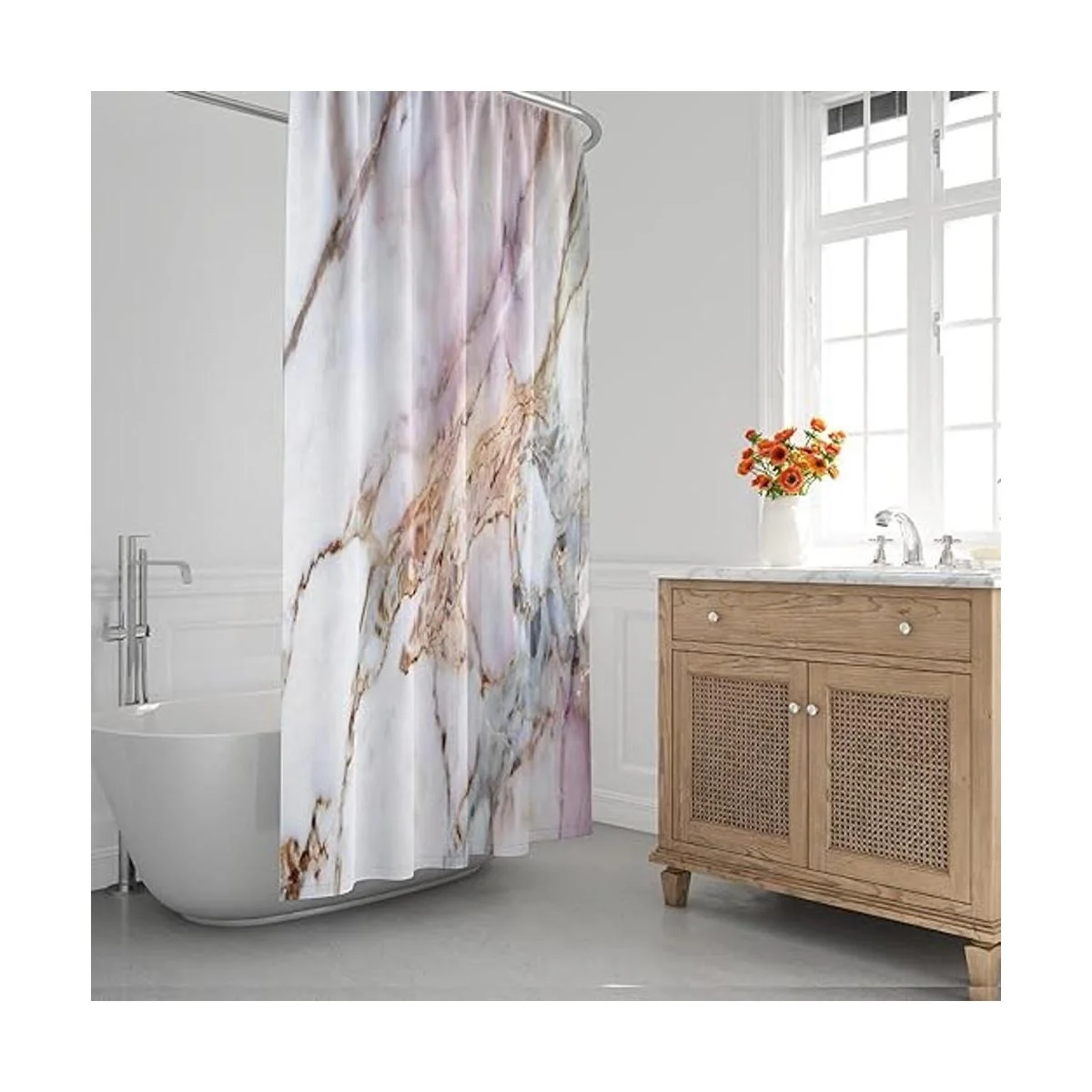 ArtSocket Cortina de ducha rosa y blanco patrón de mármol