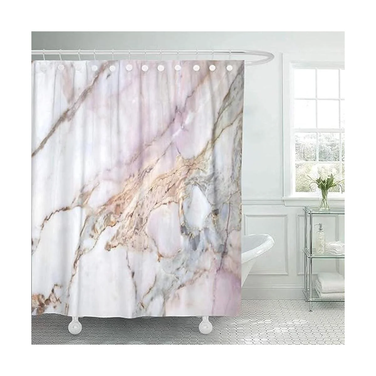 ArtSocket Cortina de ducha rosa y blanco patrón de mármol