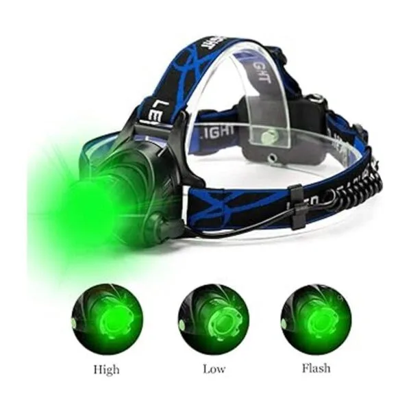 Linterna frontal LED verde impermeable con zoom y 3 modos_2