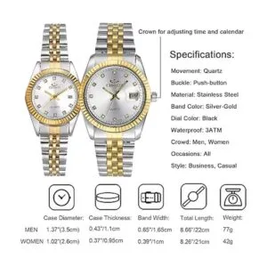 JewelryWe Reloj de pulsera de cuarzo de acero inoxidable