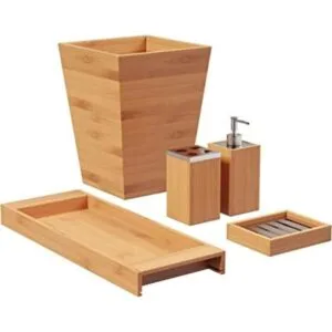 Lavish Home Juego de accesorios de baño de bambú con bote_1