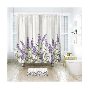 Riyidecor Cortina de ducha de madera lavanda lila flores_2