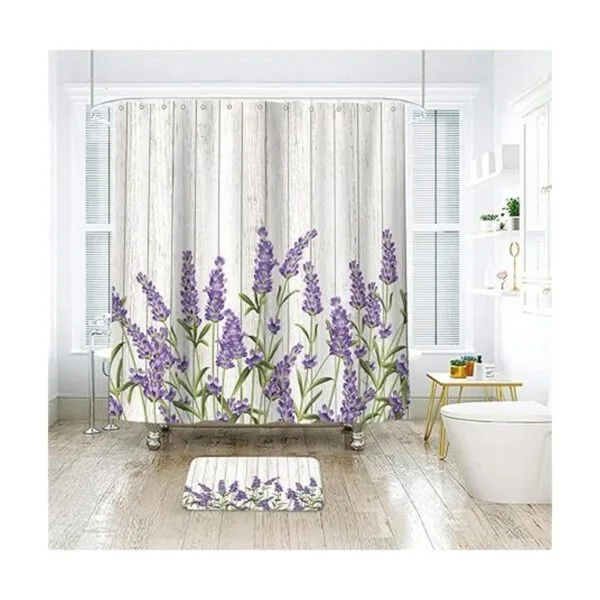 Riyidecor Cortina de ducha de madera lavanda lila flores_2