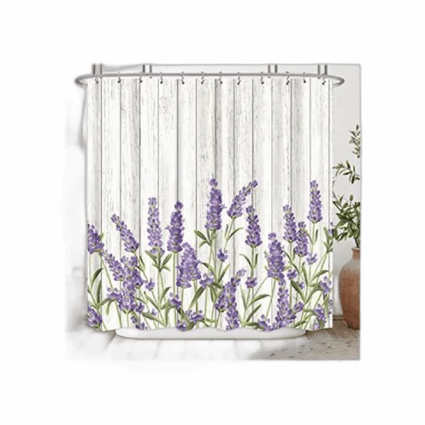 Riyidecor Cortina de ducha de madera lavanda lila flores_1