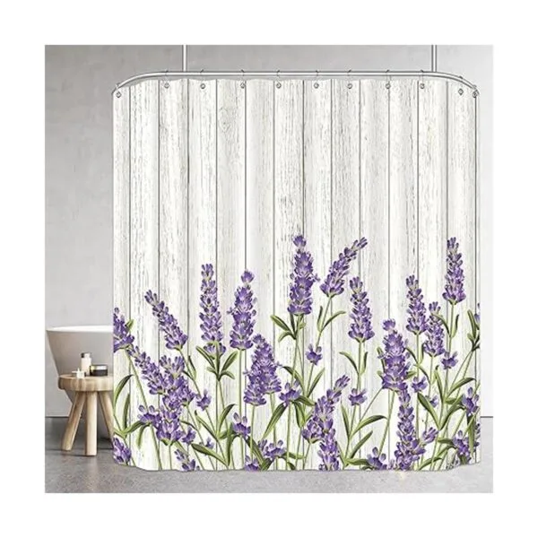 Riyidecor Cortina de ducha de madera lavanda lila flores_3