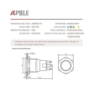 APIELE Botón momentáneo de 0.748 in de acero inoxidable_2