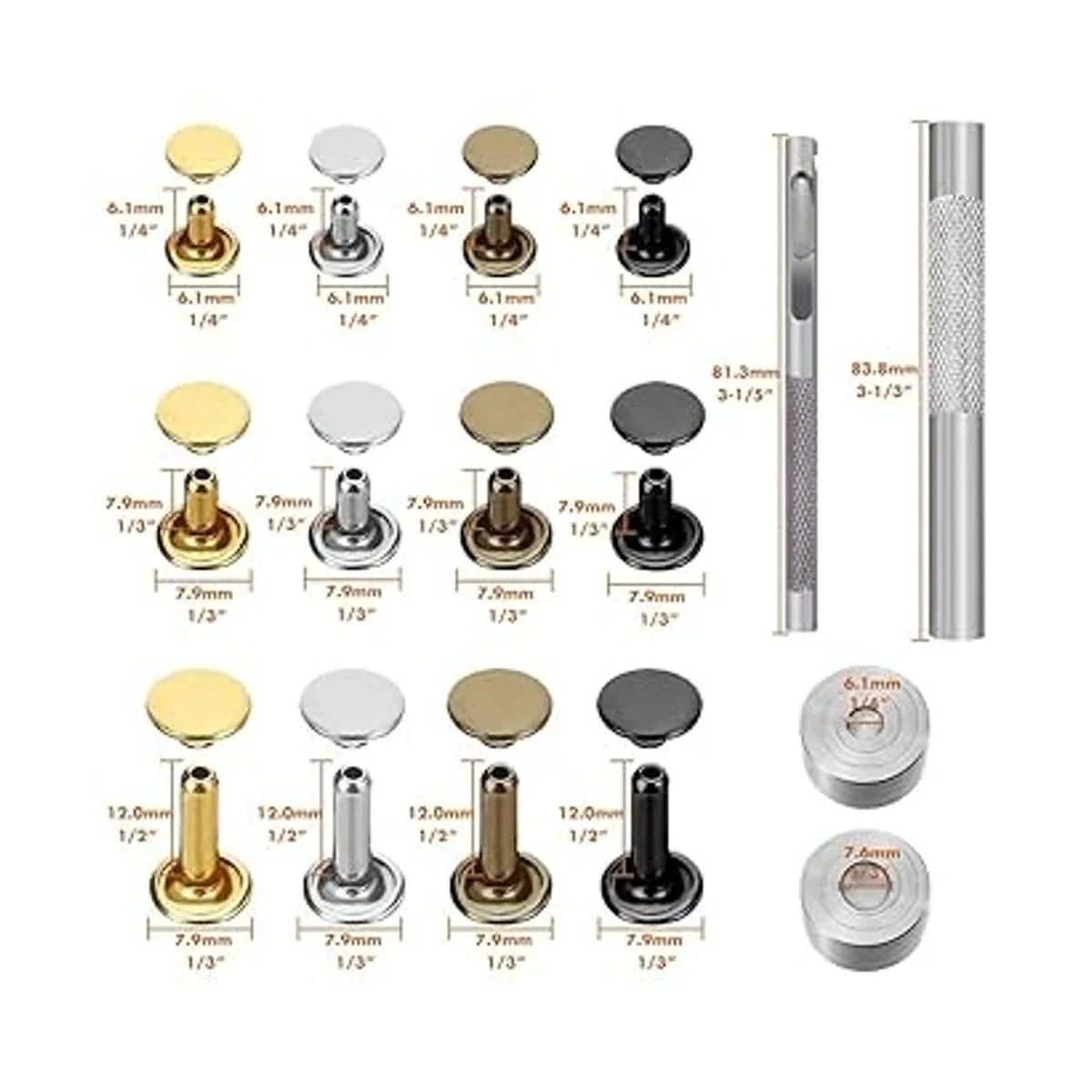 Selizo 480 juegos de 4 colores 3 tamaños de remaches de