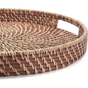 Bandeja redonda de ratán tejida con asas para desayuno