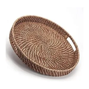 Bandeja redonda de ratán tejida con asas para desayuno