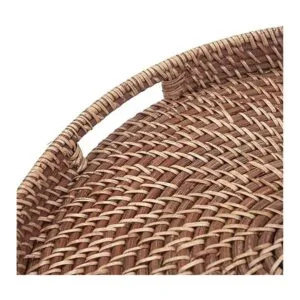 Bandeja redonda de ratán tejida con asas para desayuno