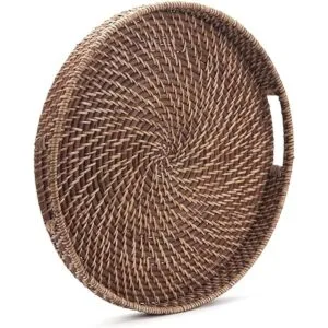 Bandeja redonda de ratán tejida con asas para desayuno