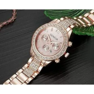 Reloj unisex de lujo de cristal de cuarzo calendario oro_4