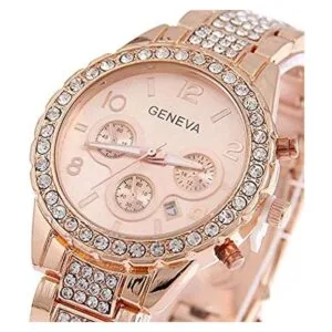 Reloj unisex de lujo de cristal de cuarzo calendario oro_2