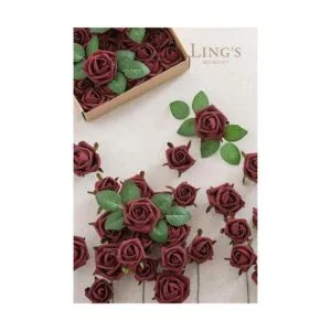 Lings Moment Flores artificiales brotes de rosa borgoña_4