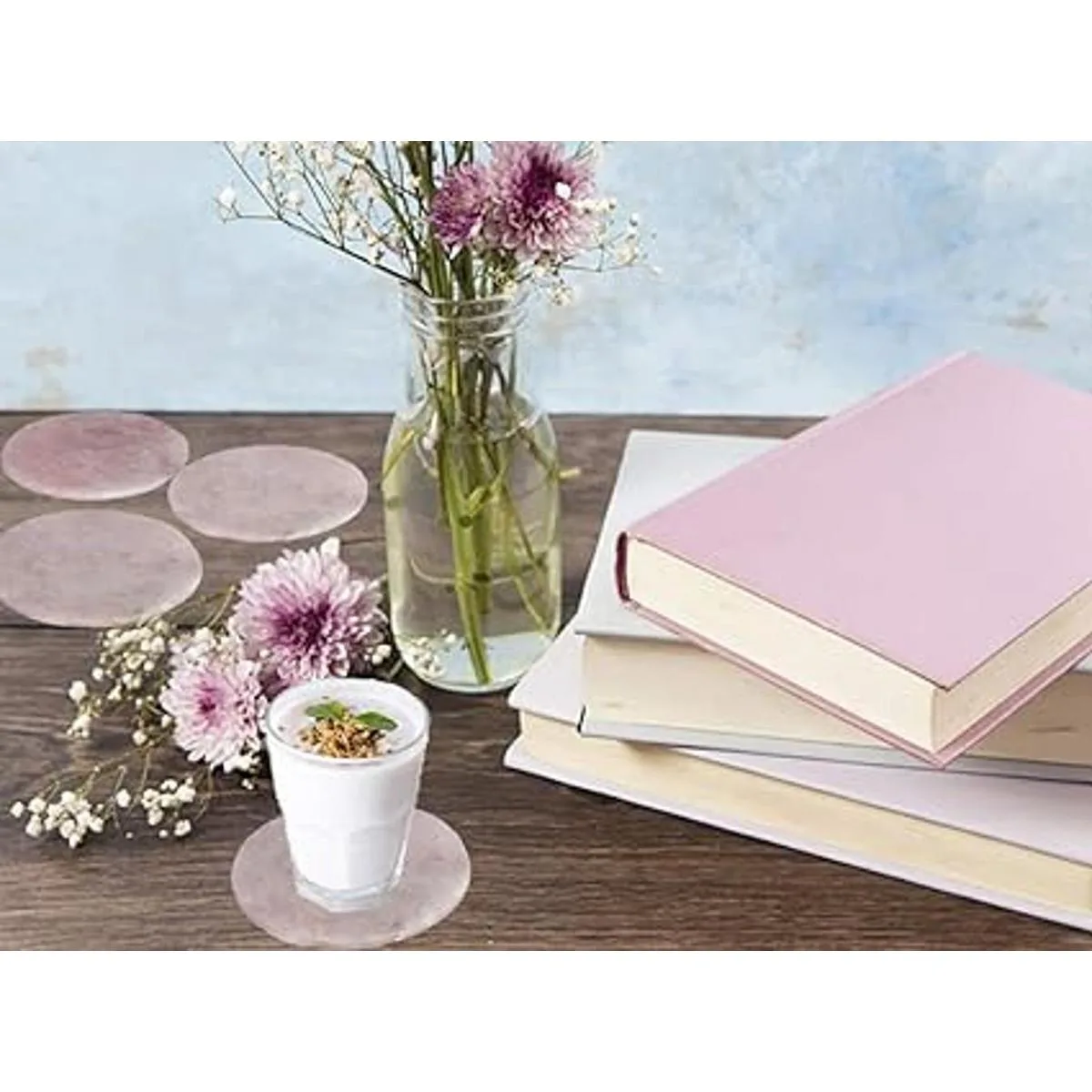 JIC Gem Juego de 4 posavasos de cristal de cuarzo rosa en