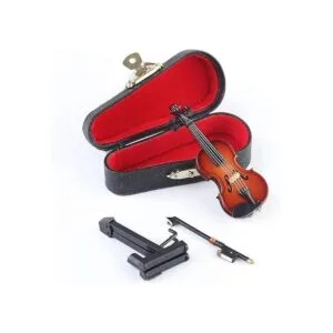 Seawoo Violín en miniatura de madera con soporte arco y