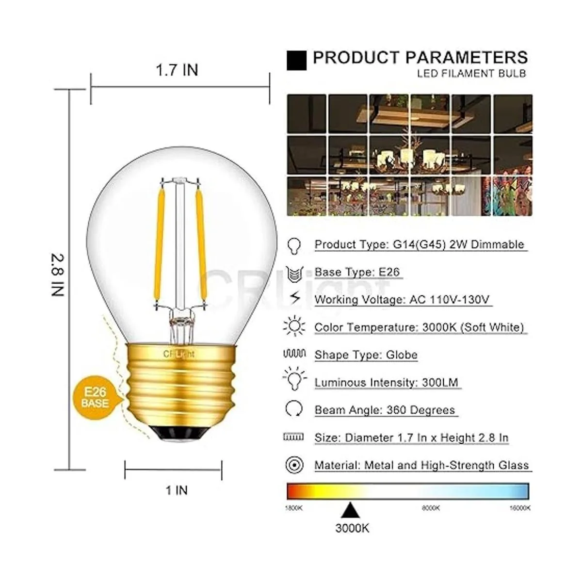 Bombilla LED de 2 W de 3000 K color blanco suave_3