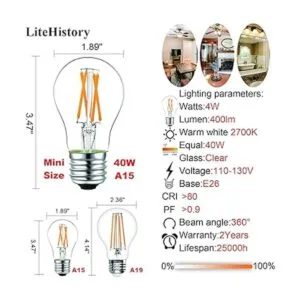LiteHistory Bombilla LED A15 regulable de 4 W igual a 40 W
