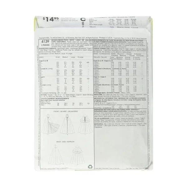 McCalls M4139 Disfraz de capa con forro y sin forro para_2