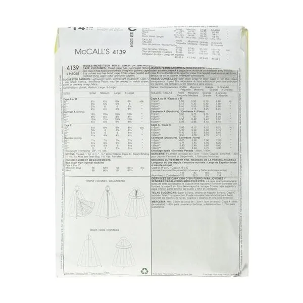 McCalls M4139 Disfraz de capa con forro y sin forro para_3