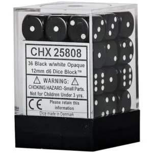 Negro con bloque de dados blanco 0.472 in D6 paquete de 36_1