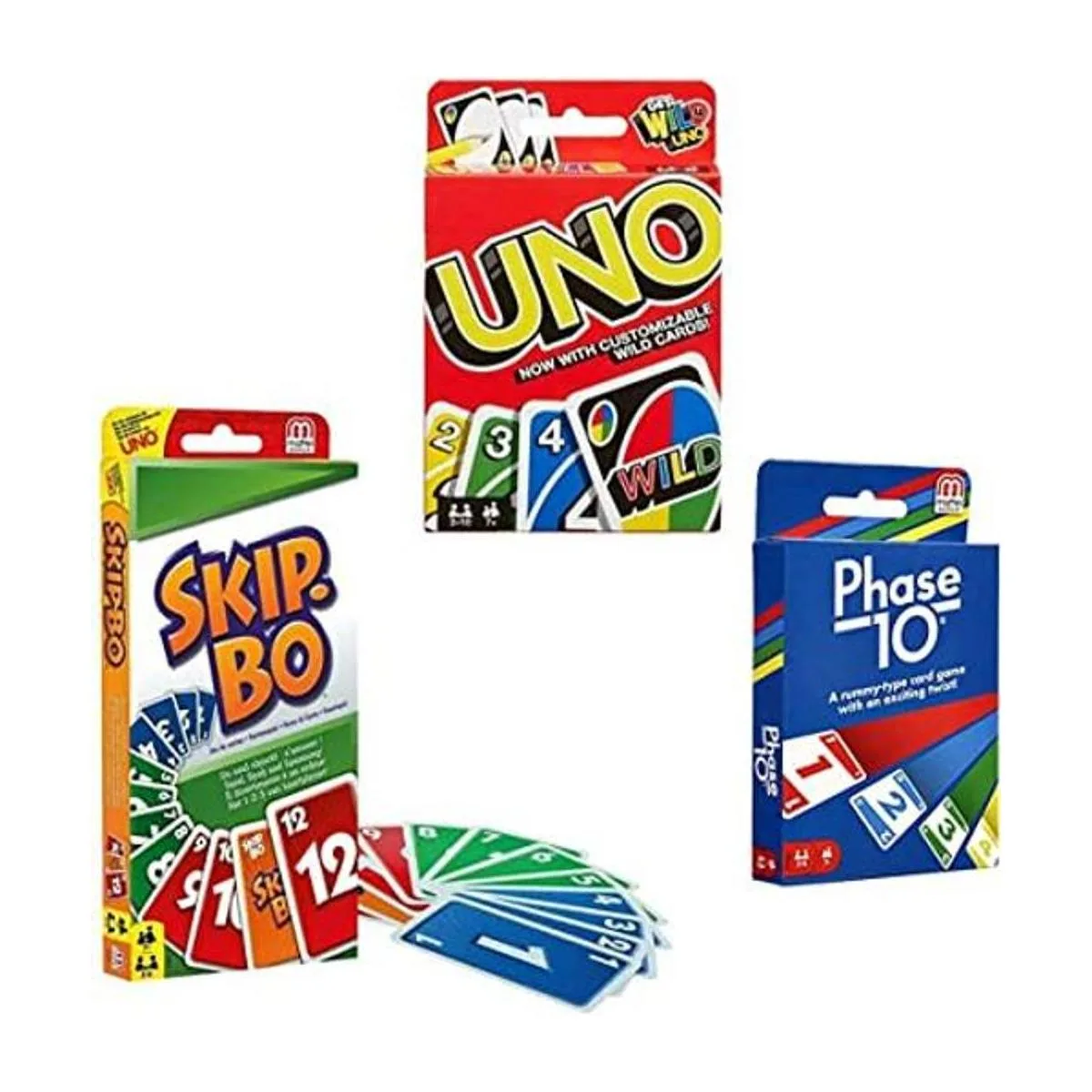 Juego de cartas Mattel Skip Bo Uno Phase 10_1