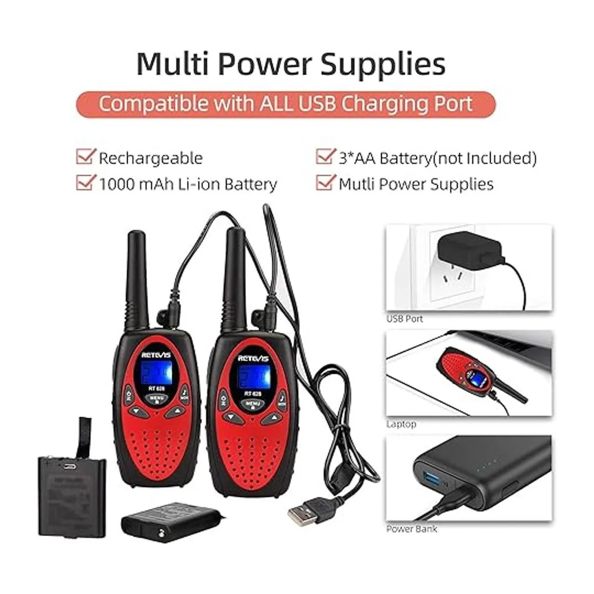 Retevis RT628 Walkie Talkies recargables con baterías de_3