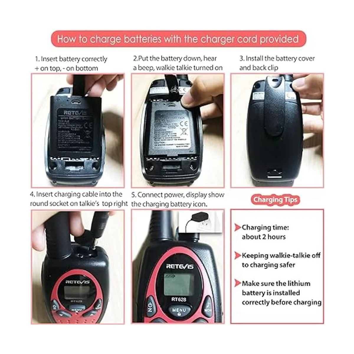 Retevis RT628 Walkie Talkies recargables con baterías de_5