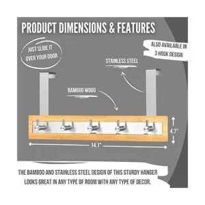 Ganchos de puerta de acero inoxidable y bambú para toalla_3