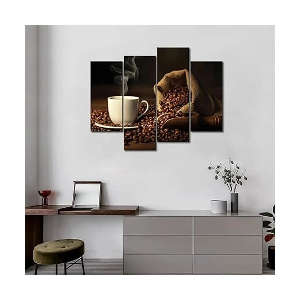 First Wall Art Marrón una taza de café y café en grano.