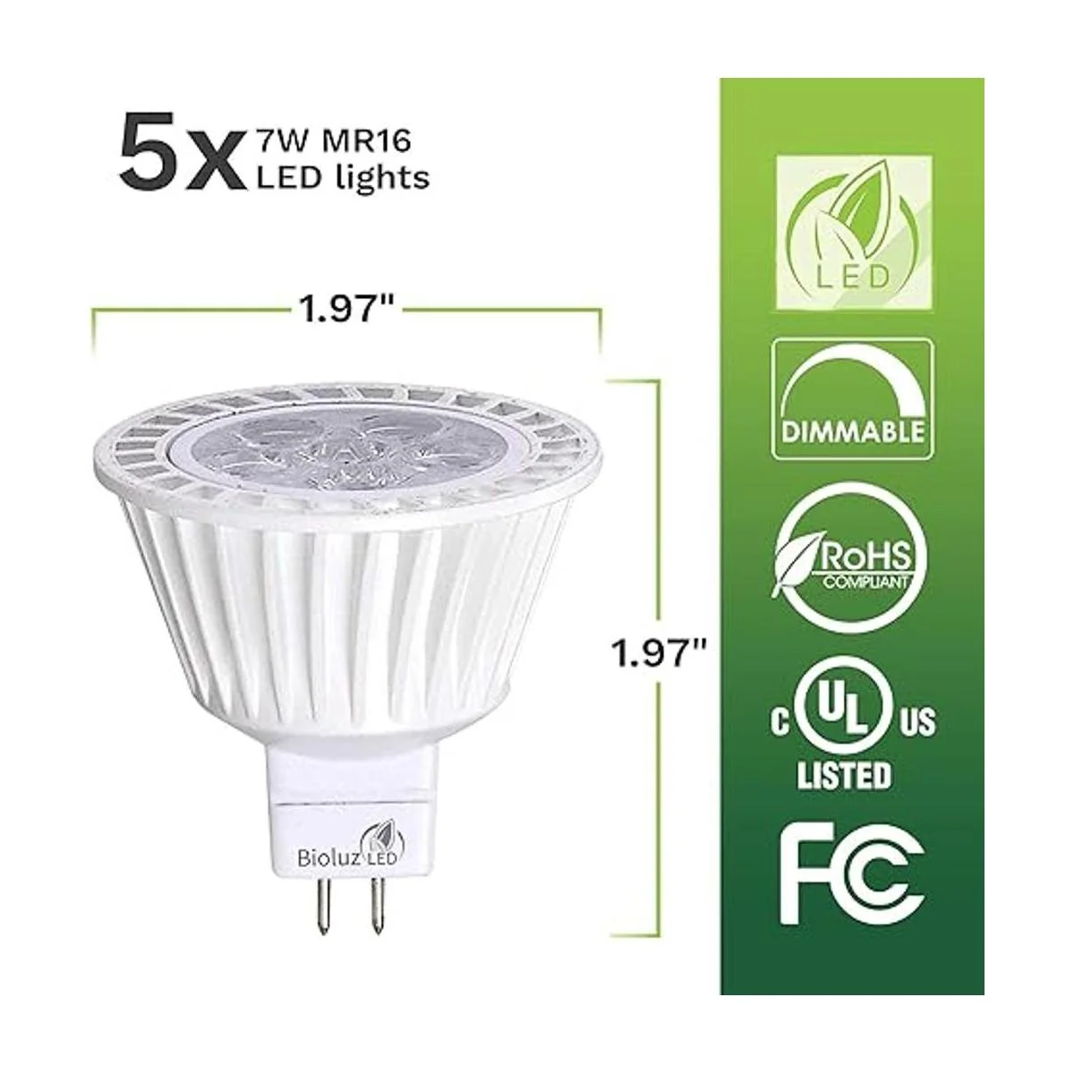 Bioluz Paquete de 5 bombillas LED MR16 regulables de 50