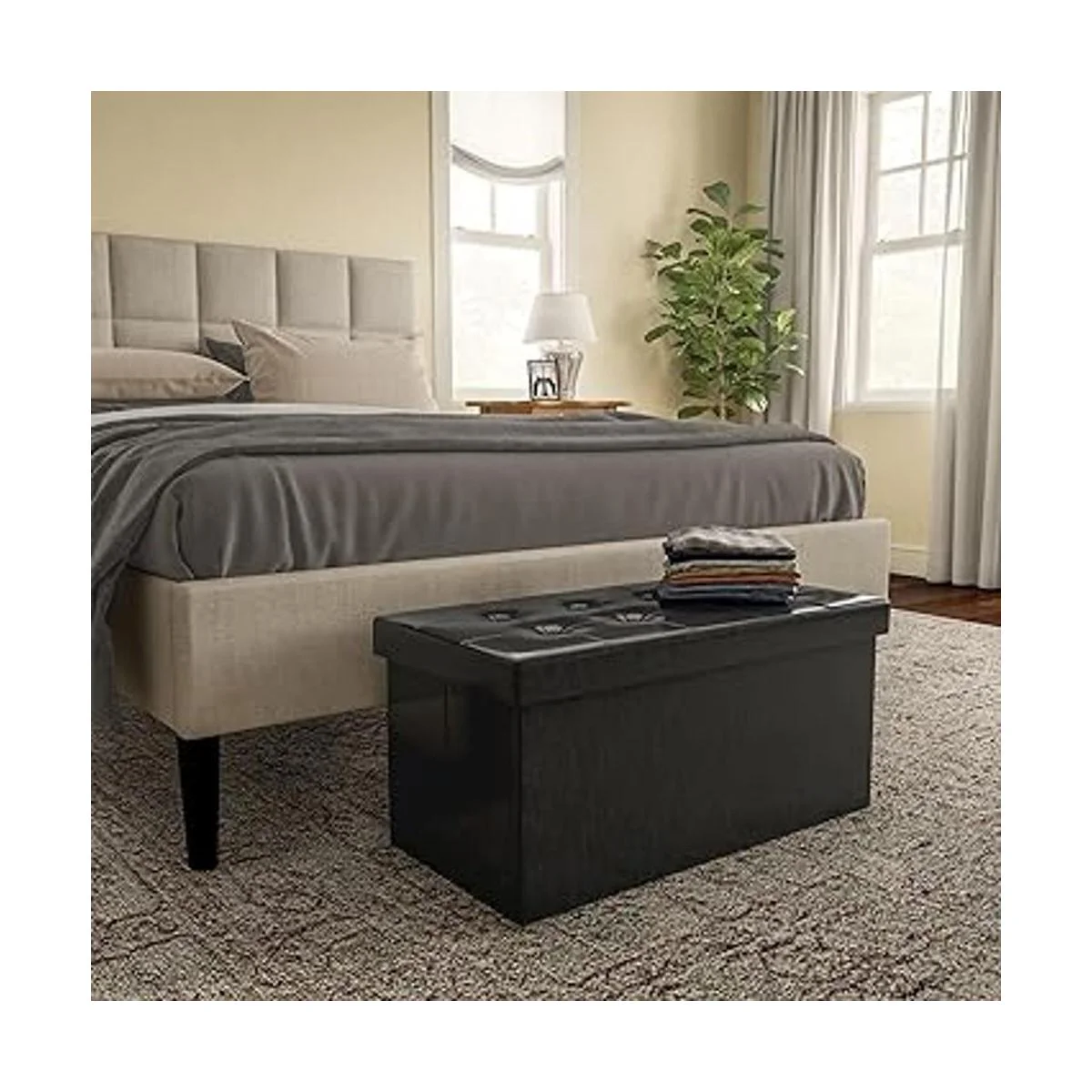 Ottoman Negro piel sintética Banco de almacenamiento_2