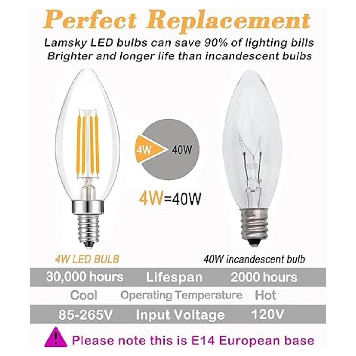 Lamsky Bombilla LED de base E14 con forma de vela de
