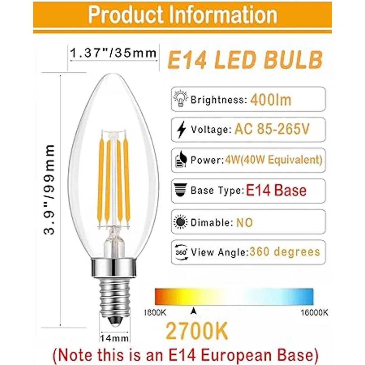 Lamsky Bombilla LED de base E14 con forma de vela de