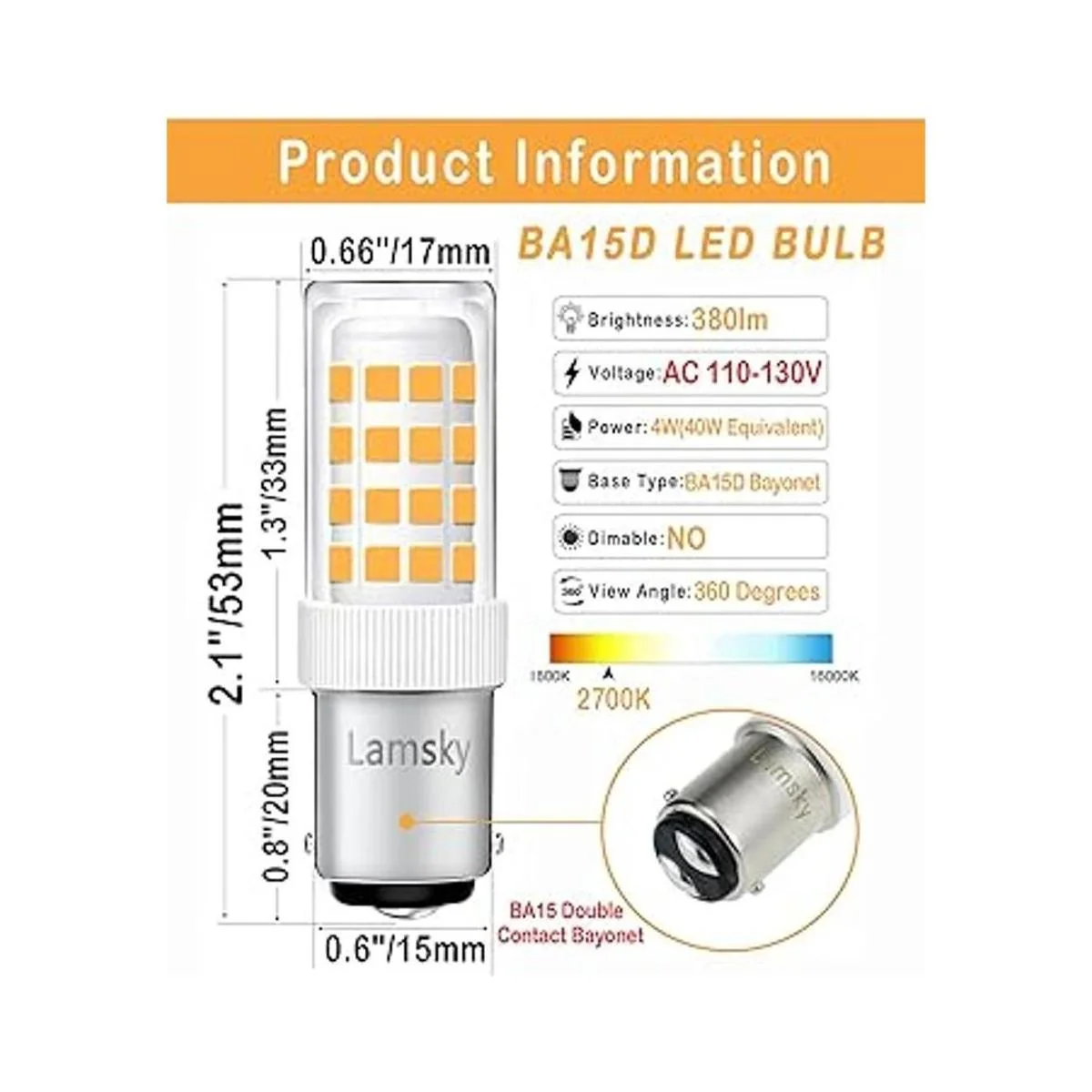 Lamsky Bombilla LED BA15D de doble contacto con base de
