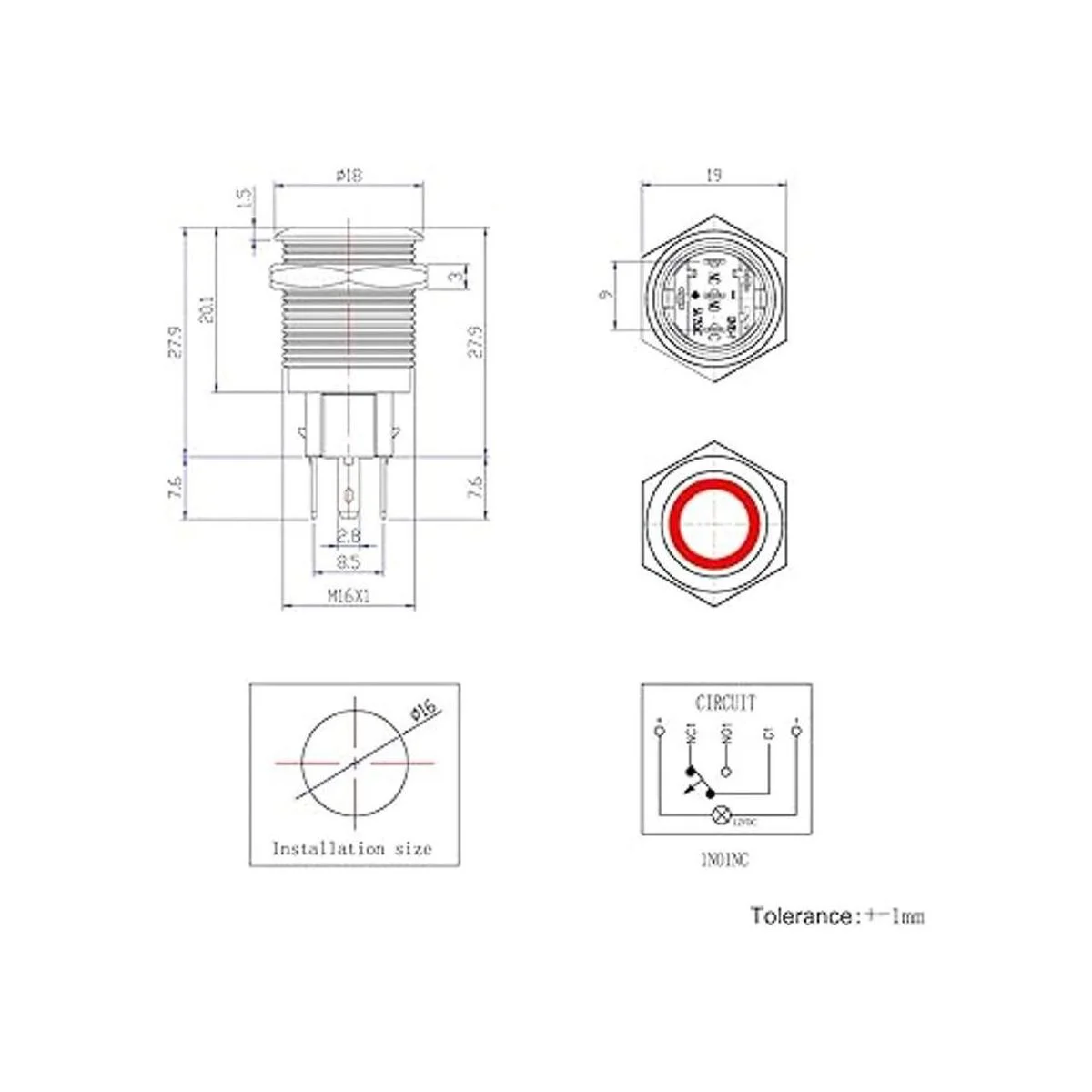 Botón interruptor momentáneo negro Ulincos U16F1 16mm_6