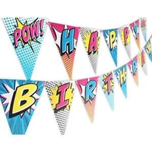 Banderín de feliz cumpleaños rosa superhéroe_1