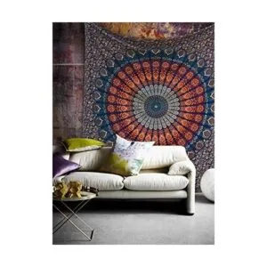 Tapiz hippie indio bohemio psicodélico azul dorado pavo_3