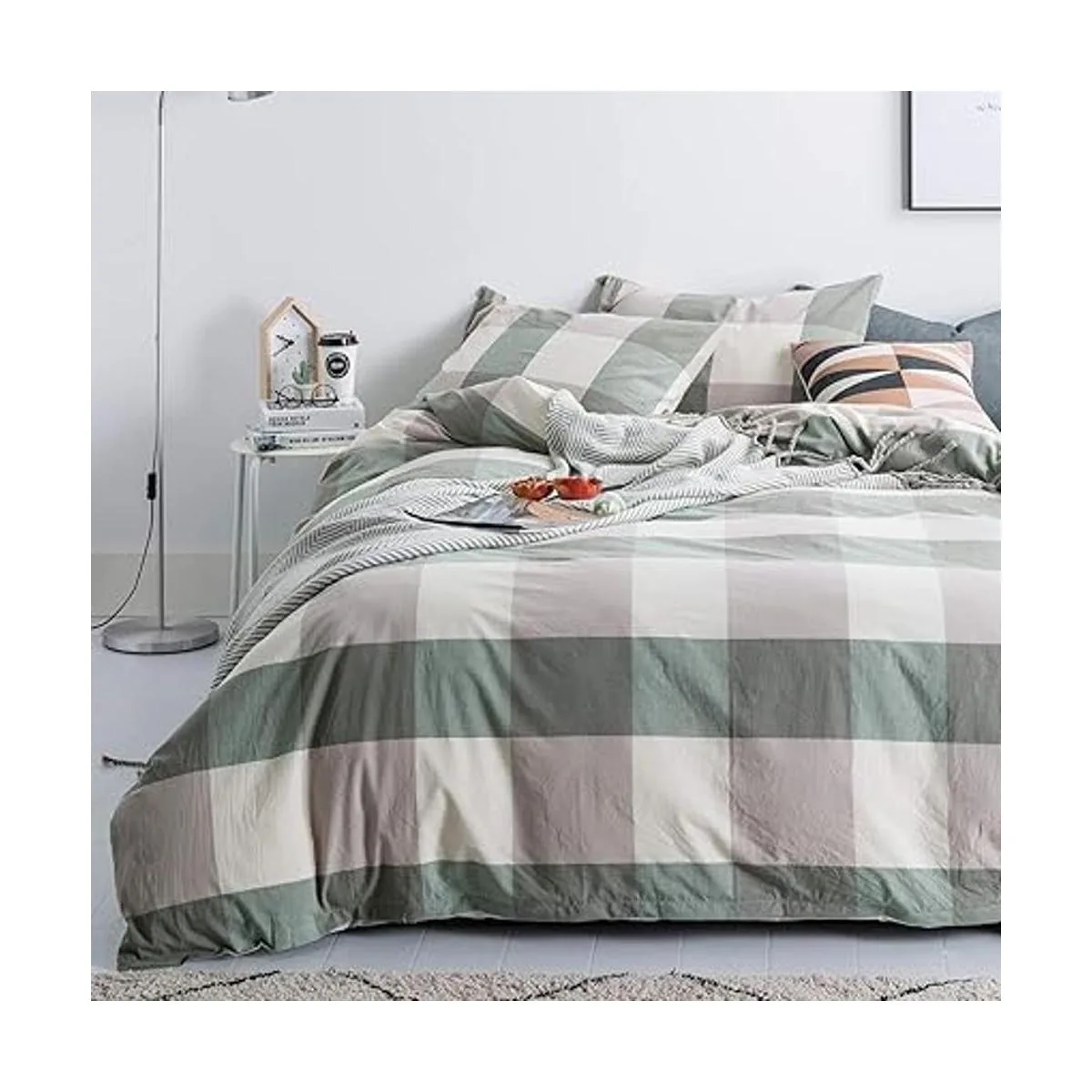 SUSYBAO Juego de funda de edredón a cuadros verdes tamaño_2