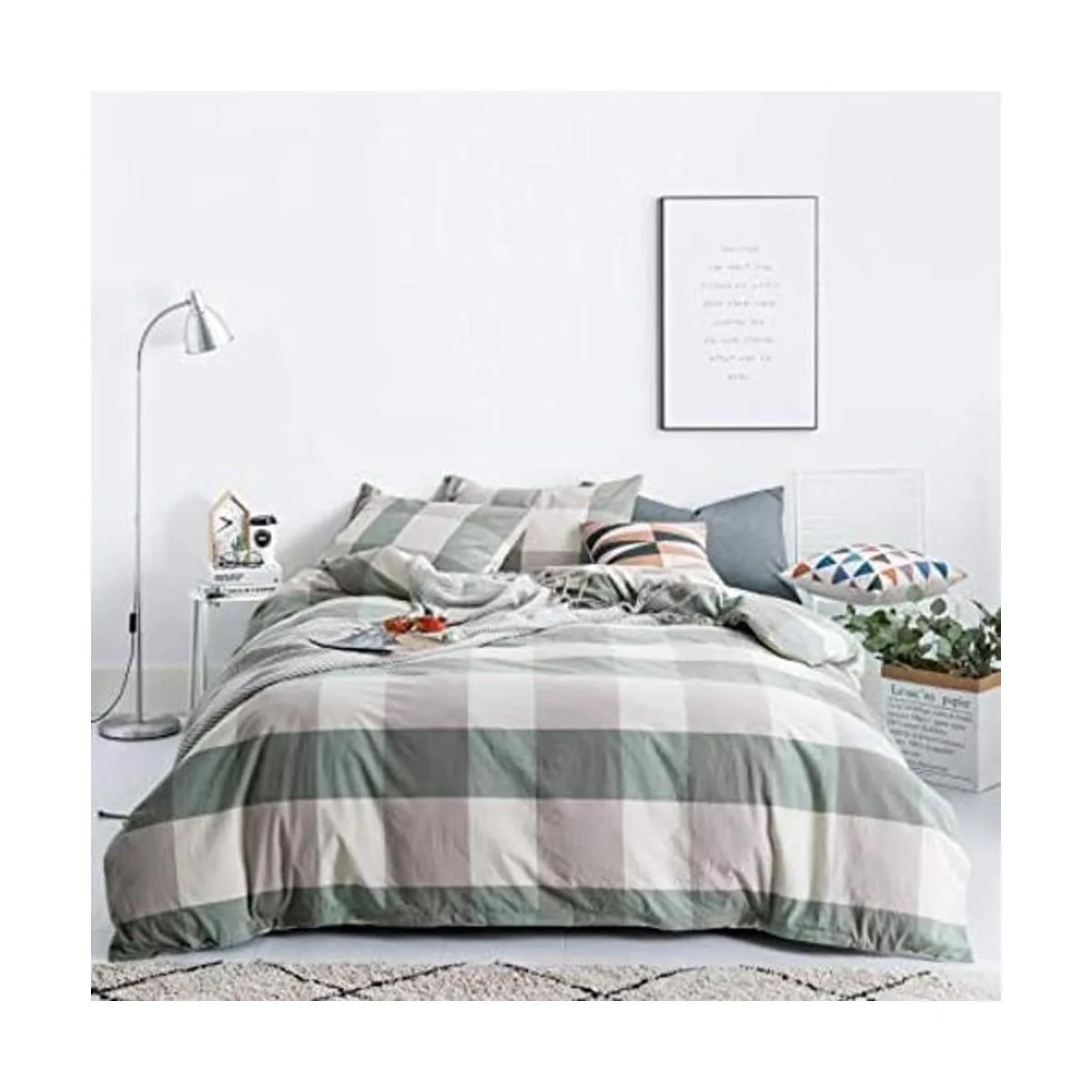 SUSYBAO Juego de funda de edredón a cuadros verdes tamaño_1