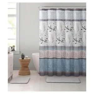 Serafina Home Cortina de ducha de tela azul claro beige_5