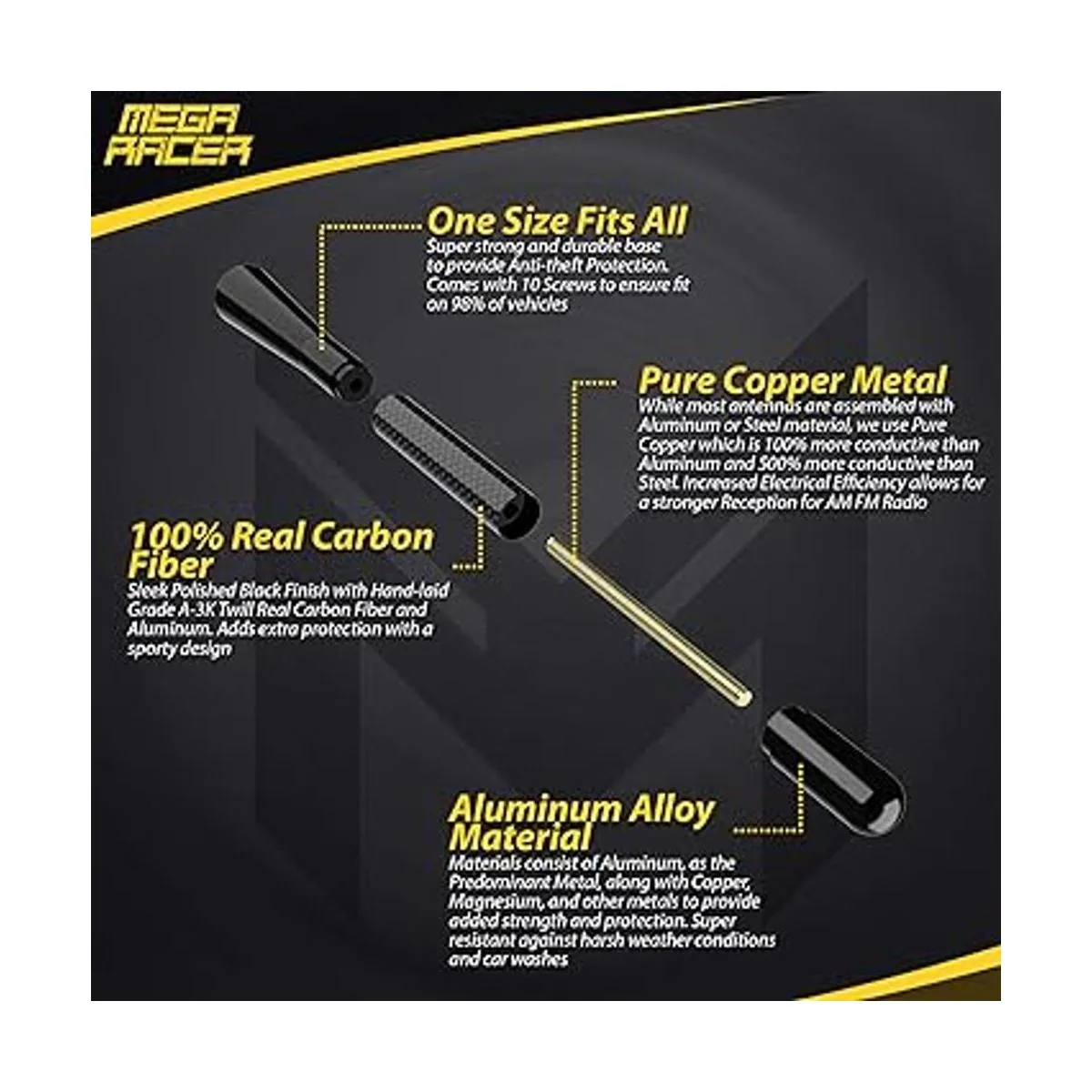 Mega Racer Antena automotriz corta de fibra de carbono de_5
