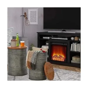 Glitzhome Taburete otomano con tapa redonda de madera 2_2