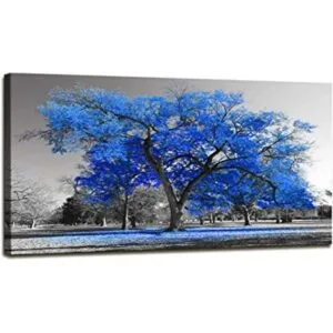 Arte de pared contemporáneo de árbol azul en blanco y_1