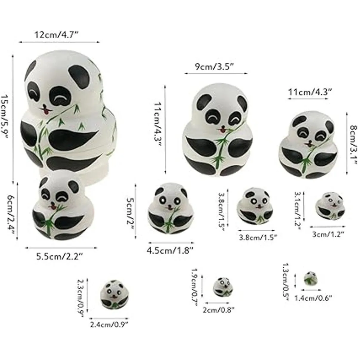 Apol Juego de 10 osos de panda hechos a mano de madera de_3