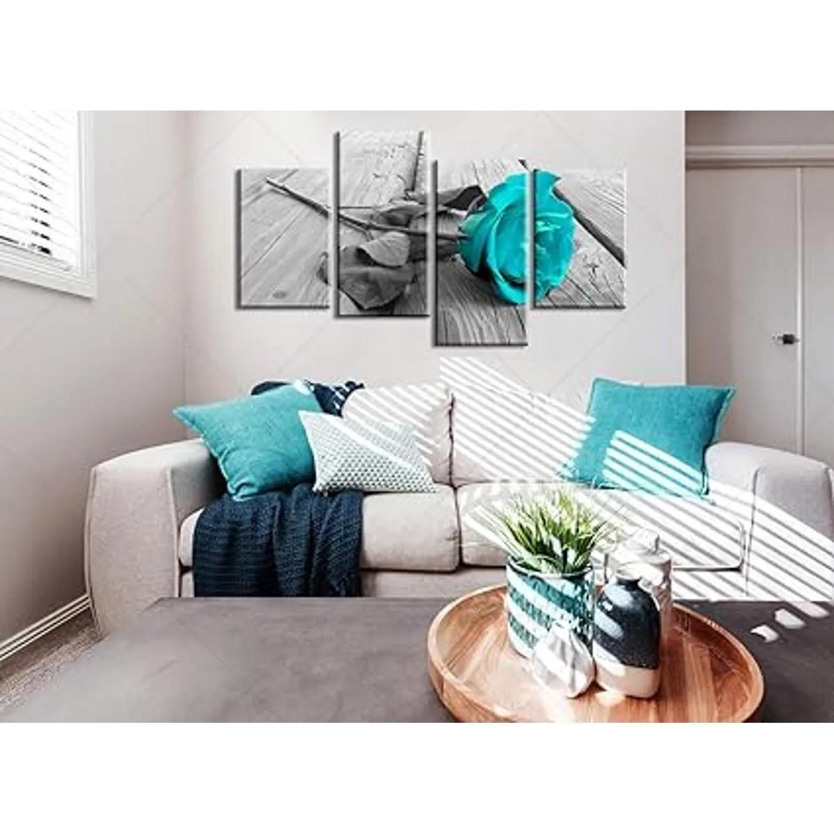 Decoración de baño verde azulado lienzo floral de rosa_4