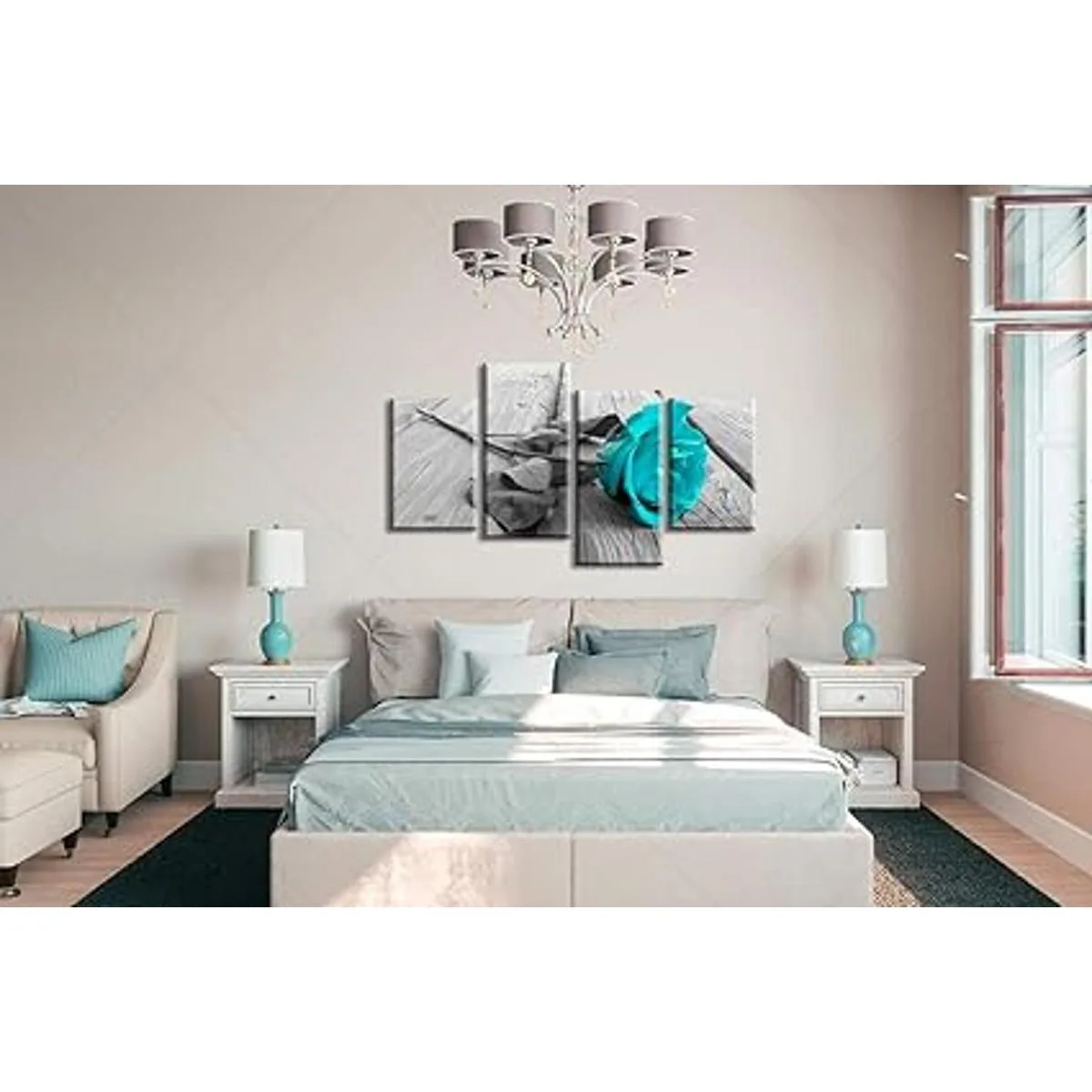 Decoración de baño verde azulado lienzo floral de rosa_6