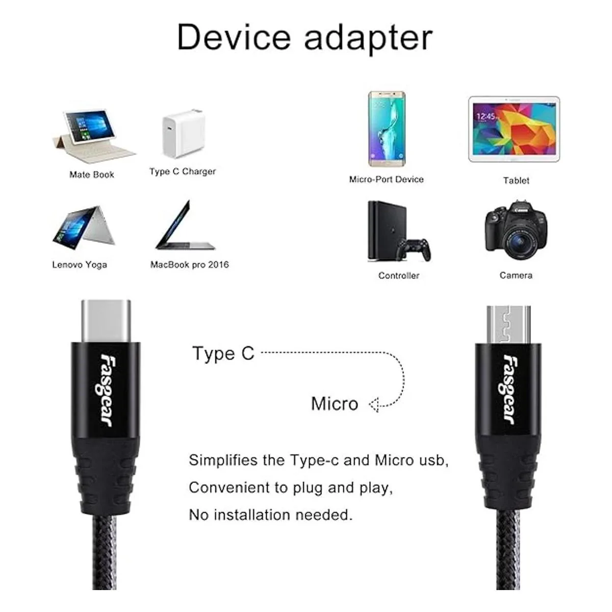 Fasgear Cable USB C a micro USB de 3.3 ft de nailon_2