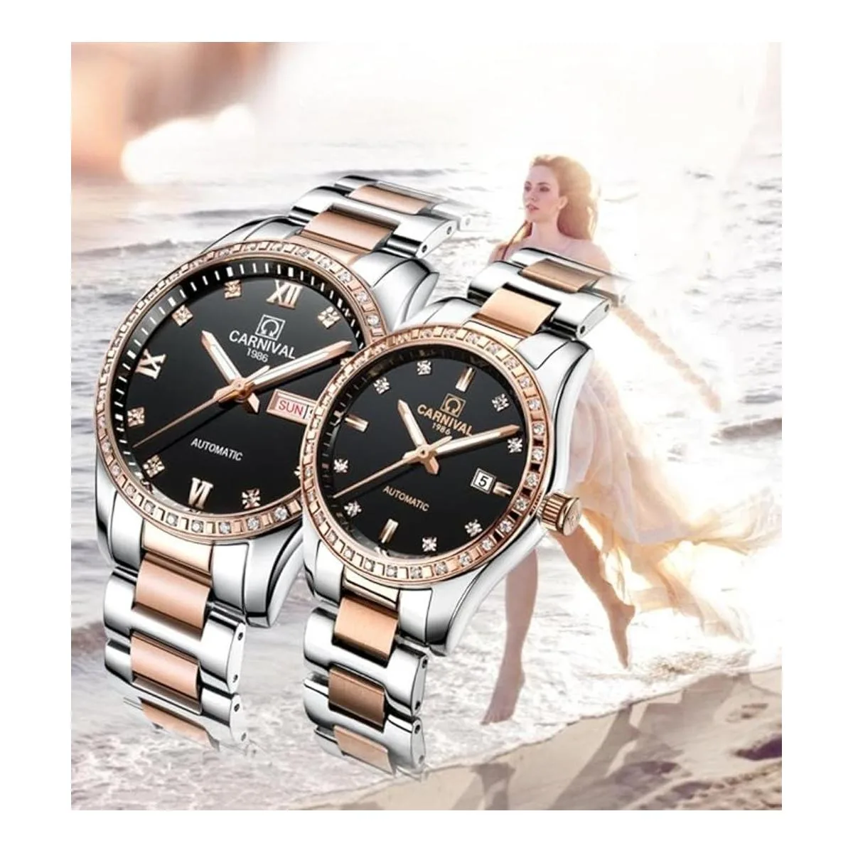 Par reloj mecánico automático de cristal zafiro reloj de_4